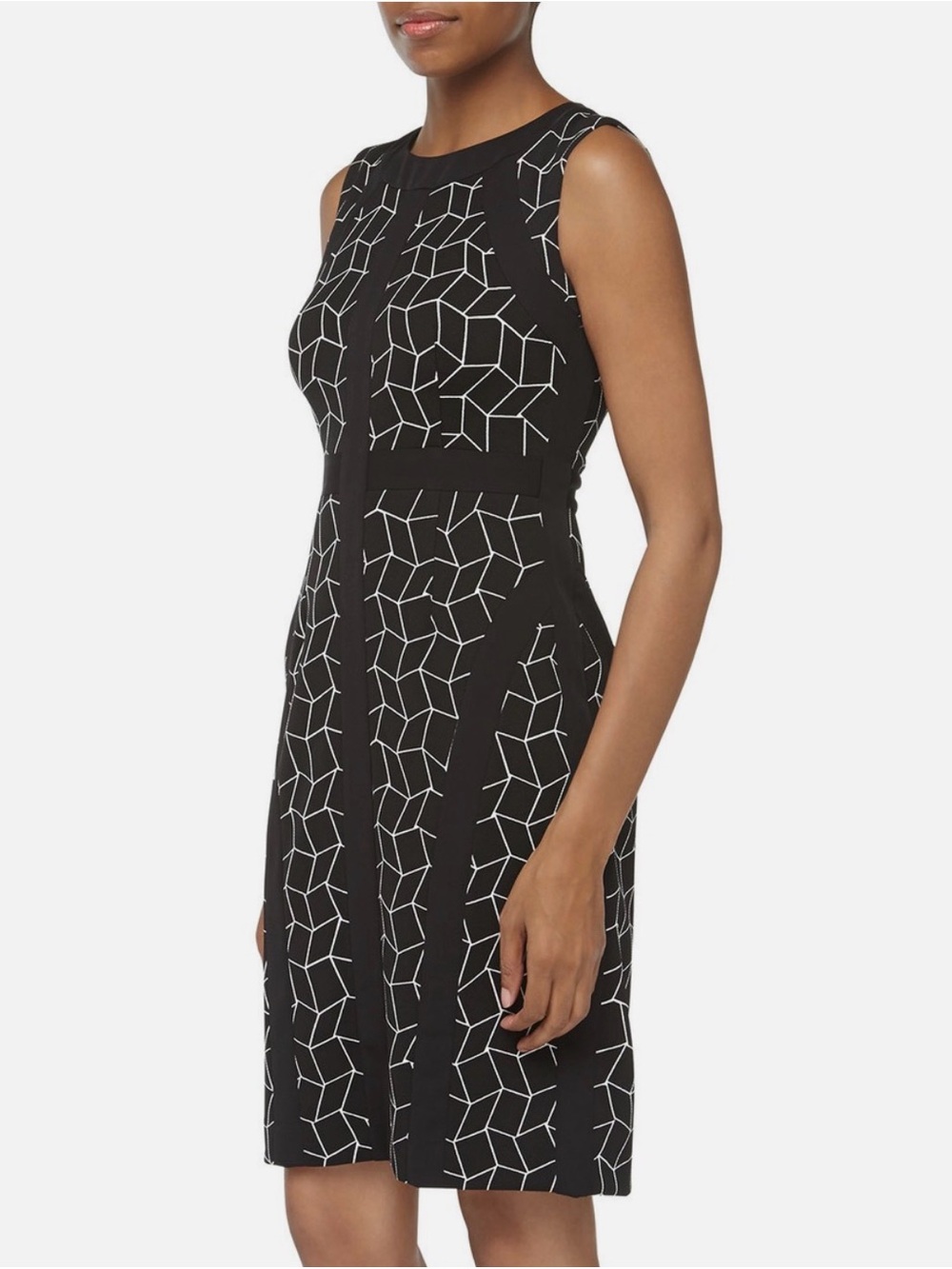 Donna Morgan Sleeveless Black Geo-Print Stretch Sheath Dress, size 10